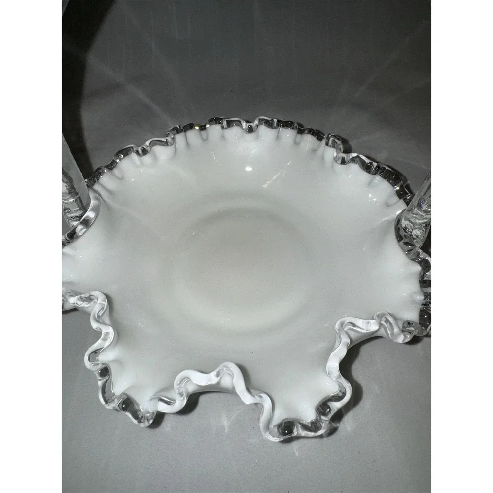 Vintage Fenton Silver Crest White Milk Glass Ruffle‎ Edged Basket Bamboo Handle